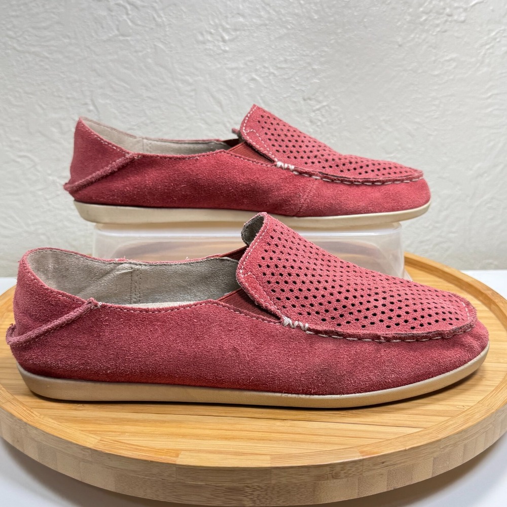 Olukai Nohea Perf Loafer 8.5 Maroon Suede Leather Slip On Perforated Foldable - Picture 2 of 9
